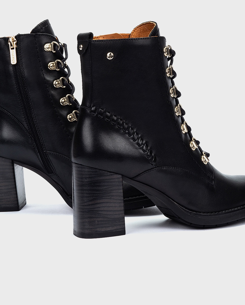 Botines de tacón de mujer de piel con cordones y cremallera - Pikolinos - Negro Negro-4