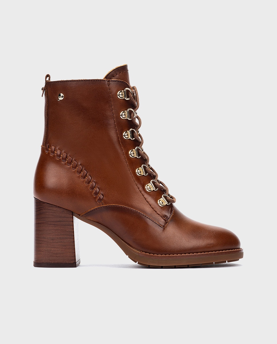 Botines de tacón de mujer de piel con cordones y cremallera - Pikolinos - Marrón Marrón-1