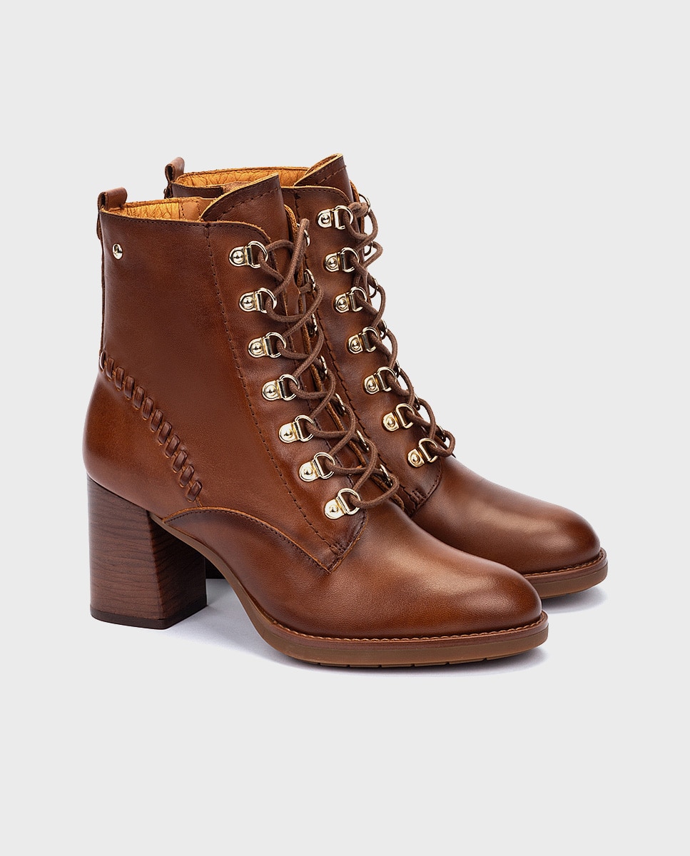 Botines de tacón de mujer de piel con cordones y cremallera - Pikolinos - Marrón Marrón-3