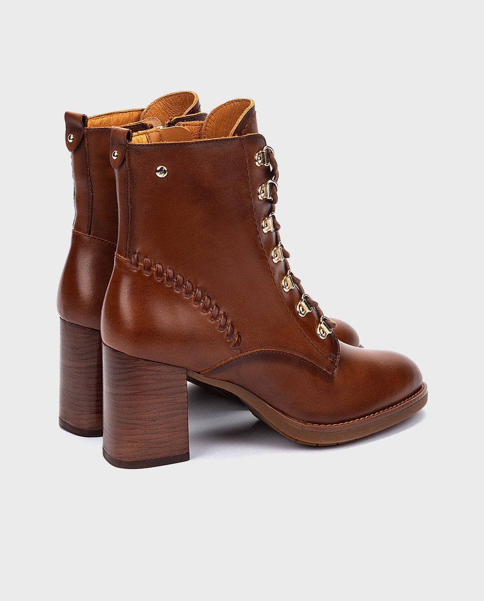 Botines de tacón de mujer de piel con cordones y cremallera - Pikolinos - Marrón Marrón-2