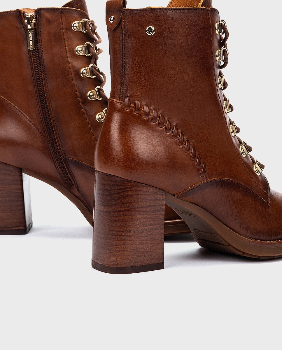 Botines de tacón de mujer de piel con cordones y cremallera - Pikolinos - Marrón Marrón-4