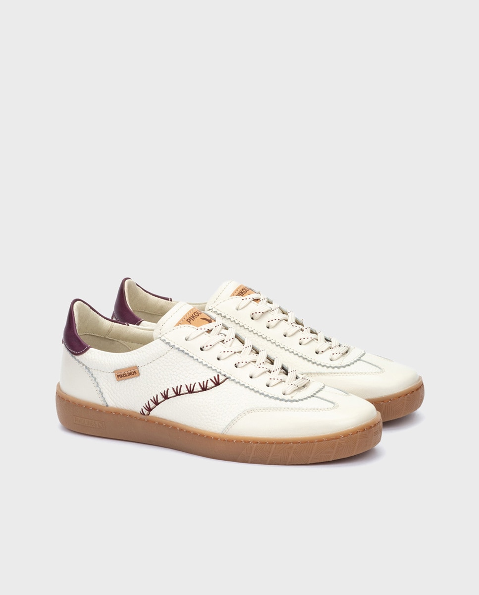 Zapatillas de mujer de piel con plantilla Memory Foam extraíble en color blanco - Pikolinos - Blanco / Berenjena Blanco / Berenjena-3
