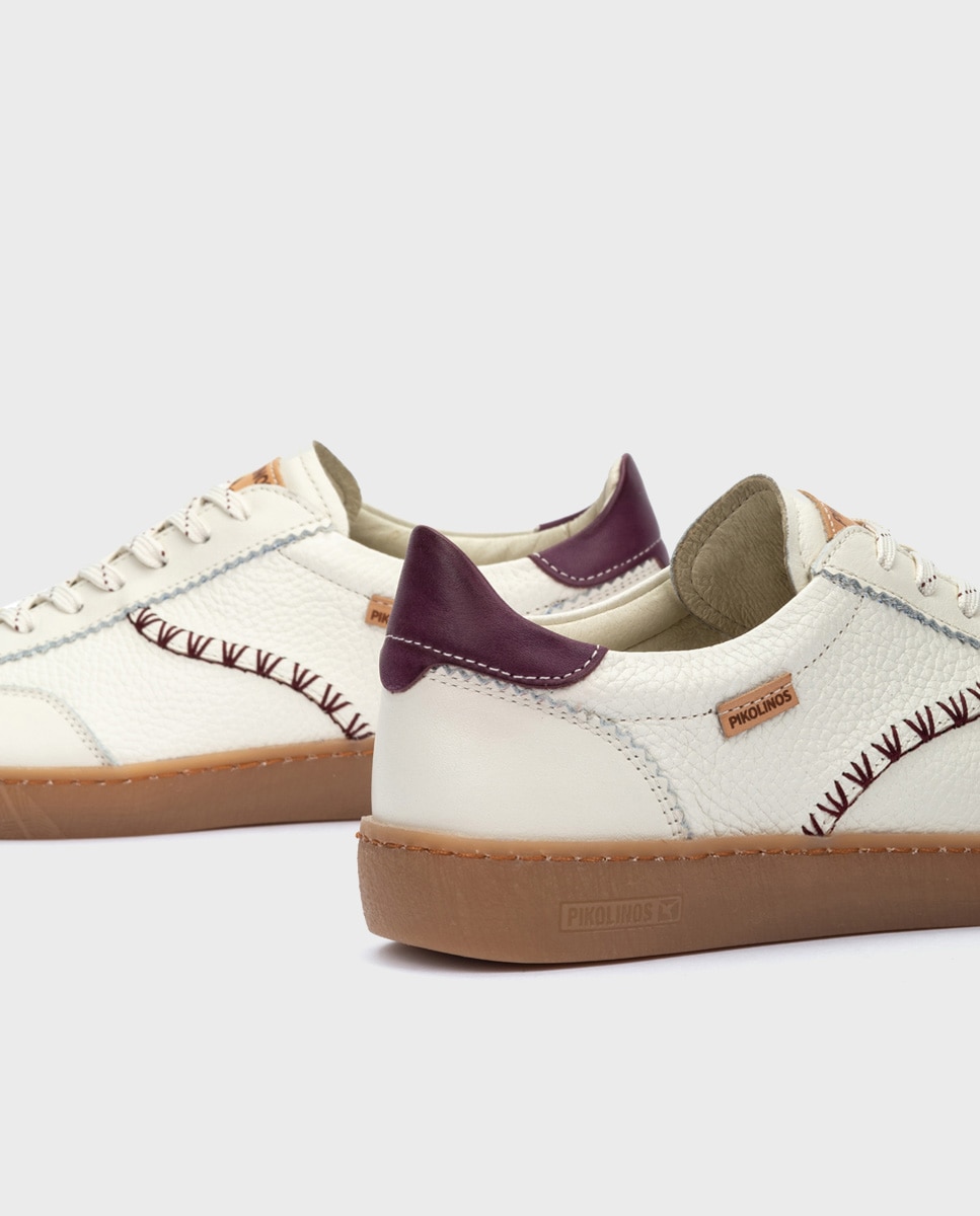 Zapatillas de mujer de piel con plantilla Memory Foam extraíble en color blanco - Pikolinos - Blanco / Berenjena Blanco / Berenjena-4