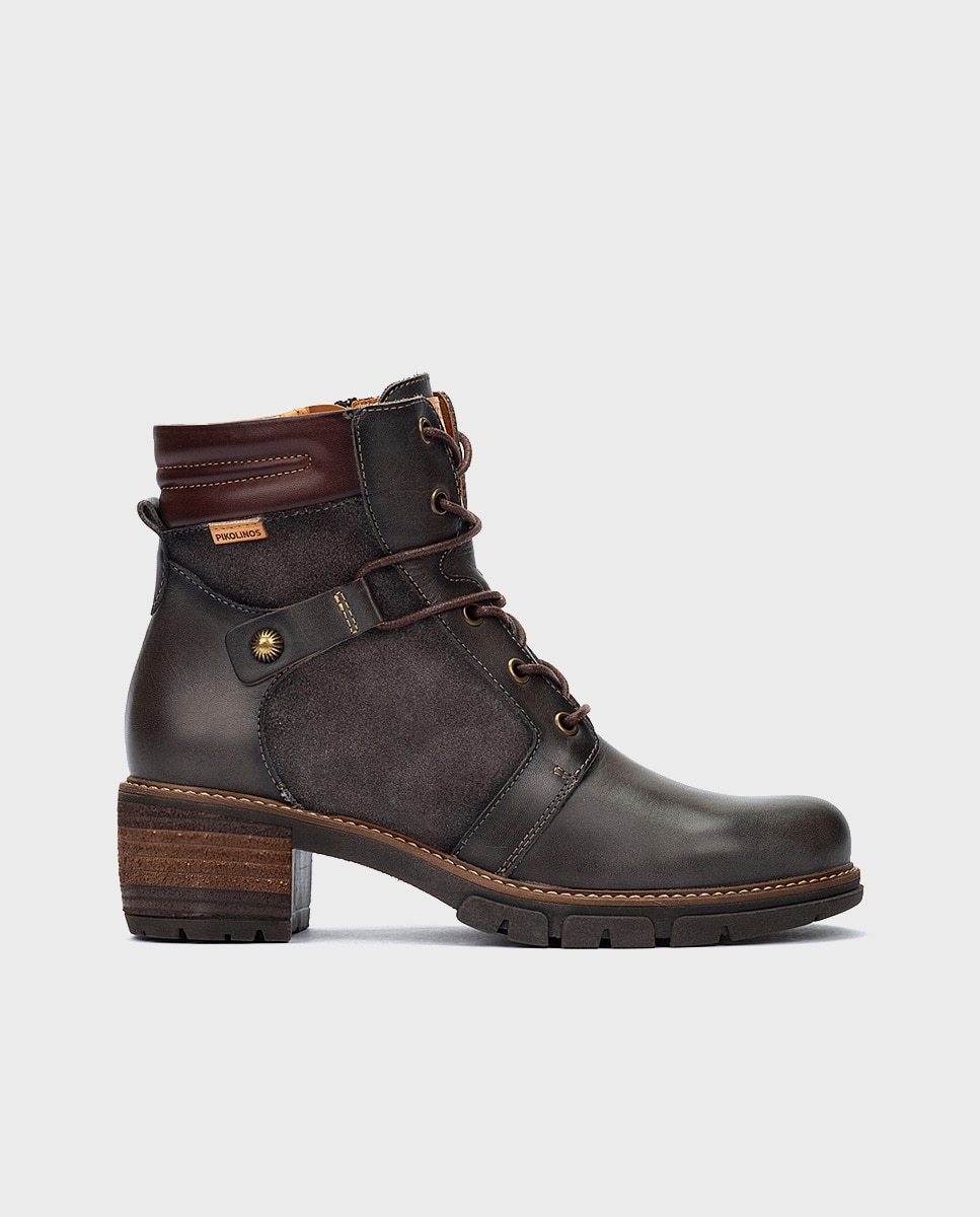 Botines de mujer de piel con cordones y cremallera - Pikolinos - Gris oscuro Gris oscuro-1