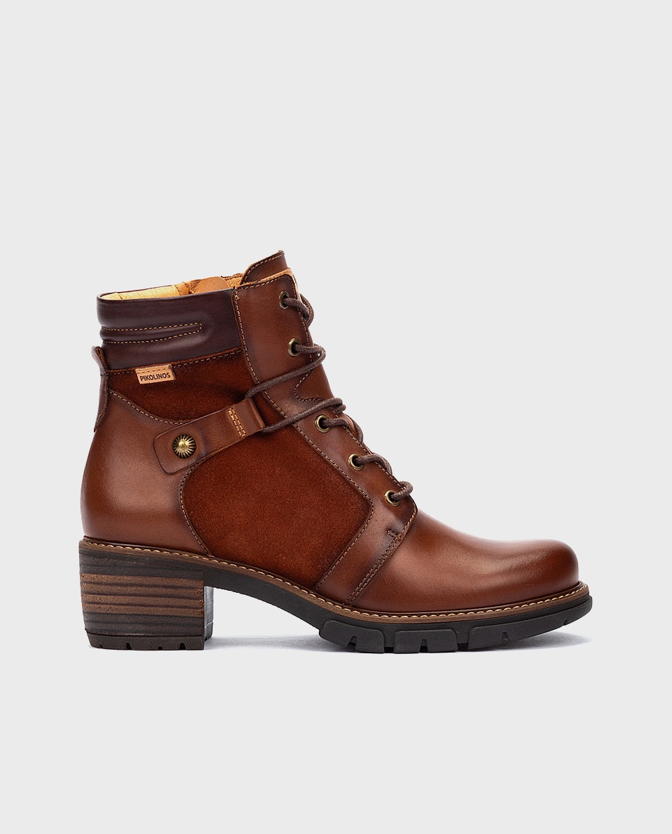 Botines de mujer de piel con cordones y cremallera - Pikolinos - Marrón Marrón-1