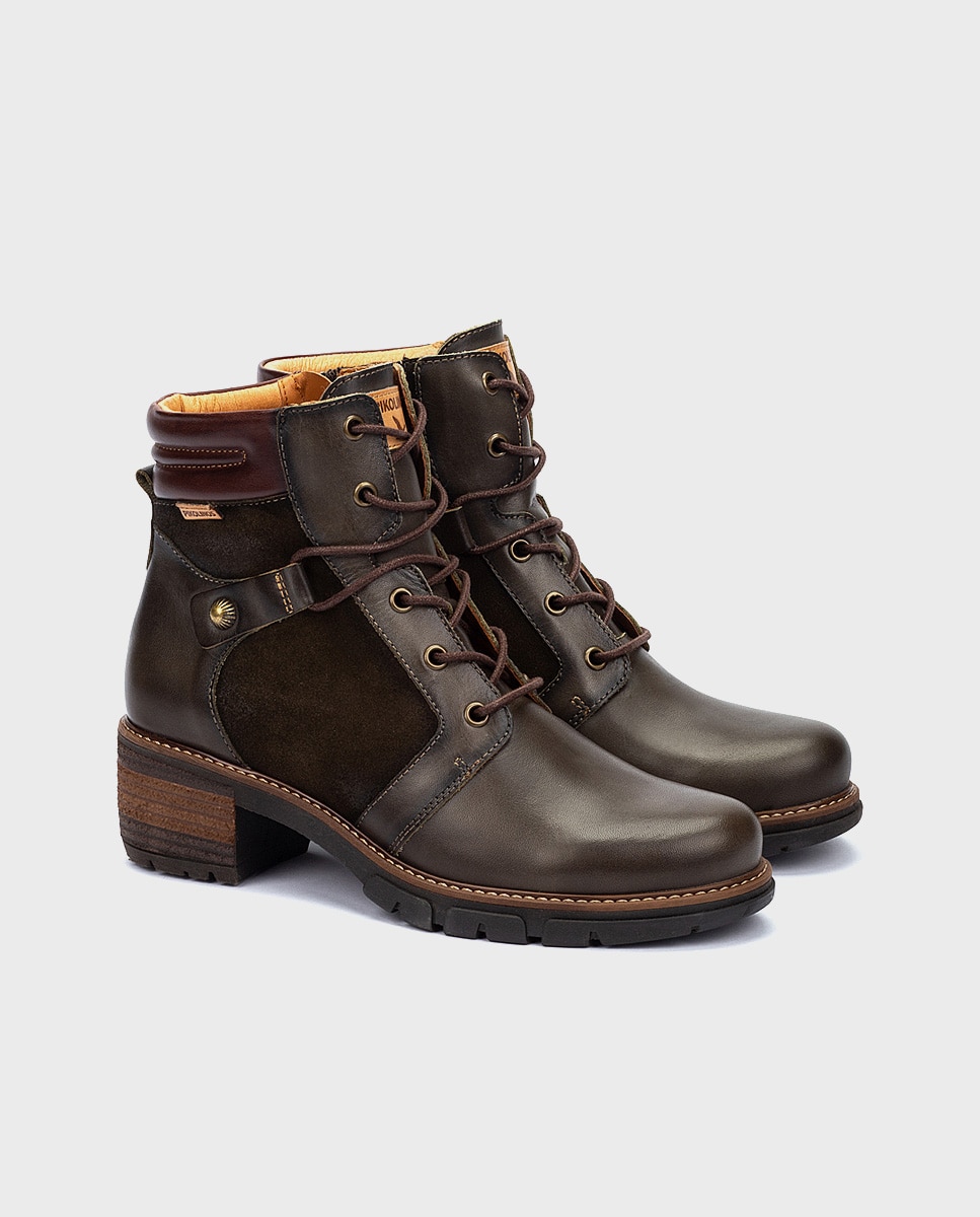Botines de mujer de piel con cordones y cremallera - Pikolinos - Verde Verde-3