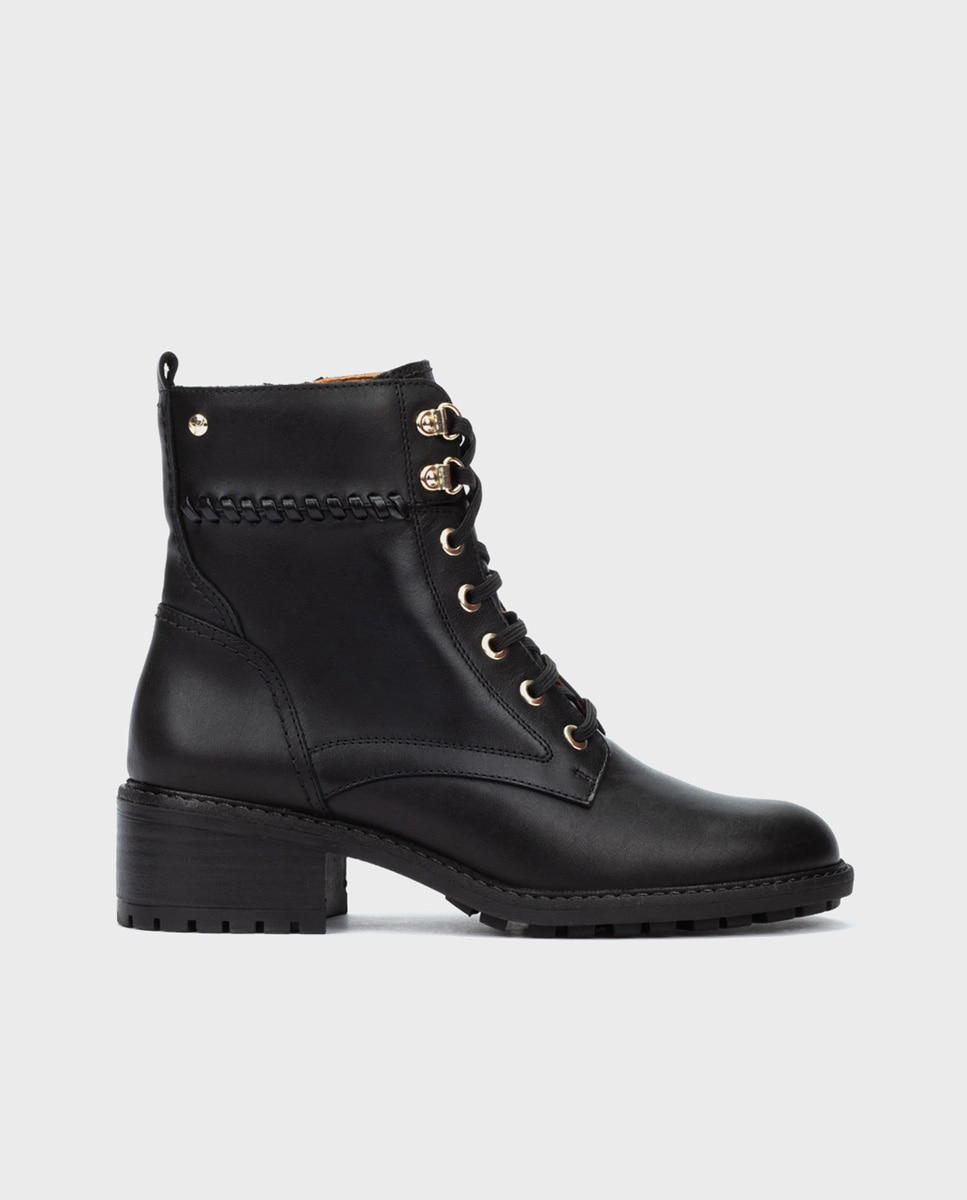 Botines de tacón de mujer de piel con cordones y cremallera - Pikolinos - Negro Negro-1