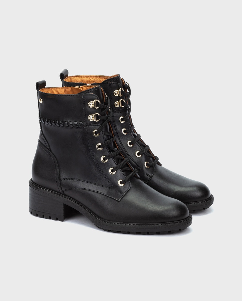 Botines de tacón de mujer de piel con cordones y cremallera - Pikolinos - Negro Negro-3