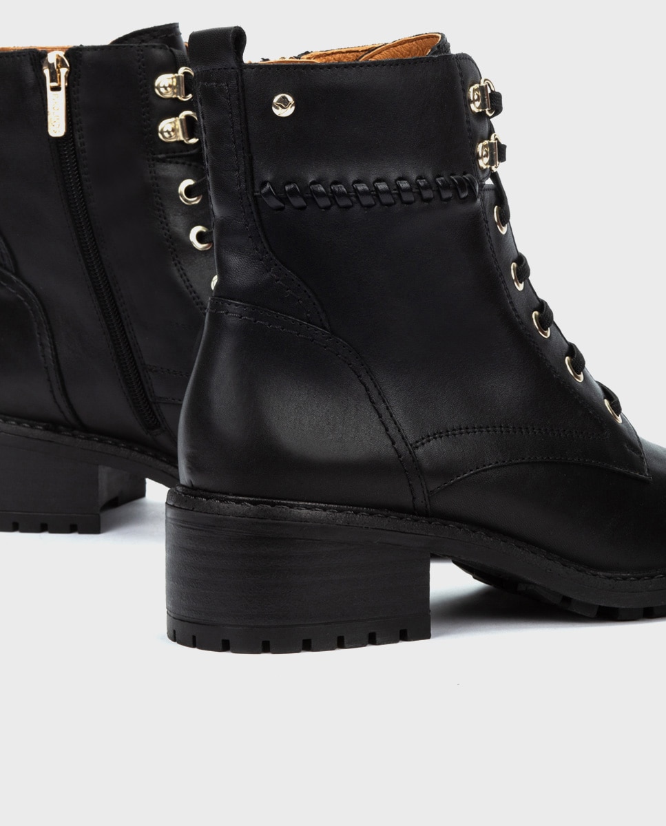 Botines de tacón de mujer de piel con cordones y cremallera - Pikolinos - Negro Negro-4
