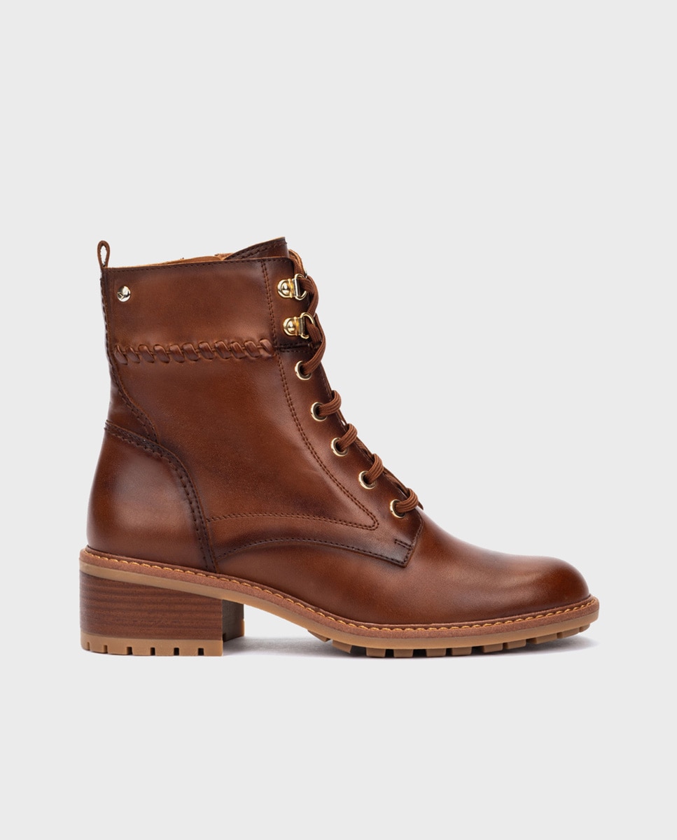 Botines de tacón de mujer de piel con cordones y cremallera - Pikolinos - Marrón Marrón-1