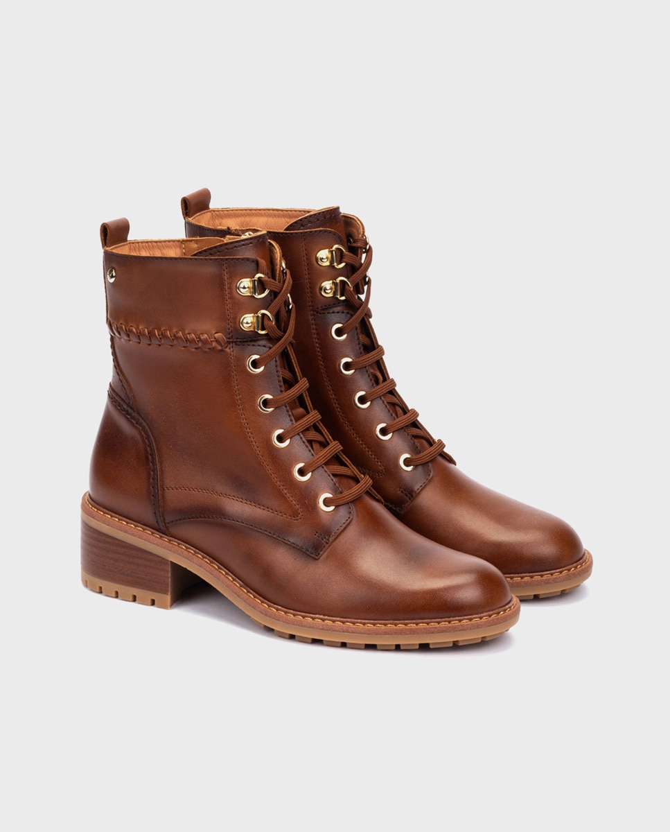 Botines de tacón de mujer de piel con cordones y cremallera - Pikolinos - Marrón Marrón-3