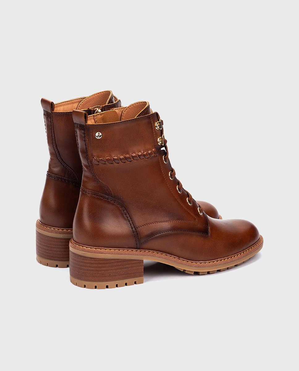 Botines de tacón de mujer de piel con cordones y cremallera - Pikolinos - Marrón Marrón-2