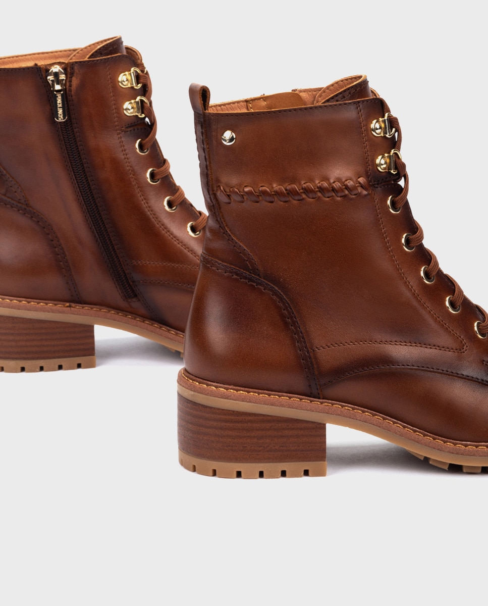 Botines de tacón de mujer de piel con cordones y cremallera - Pikolinos - Marrón Marrón-4
