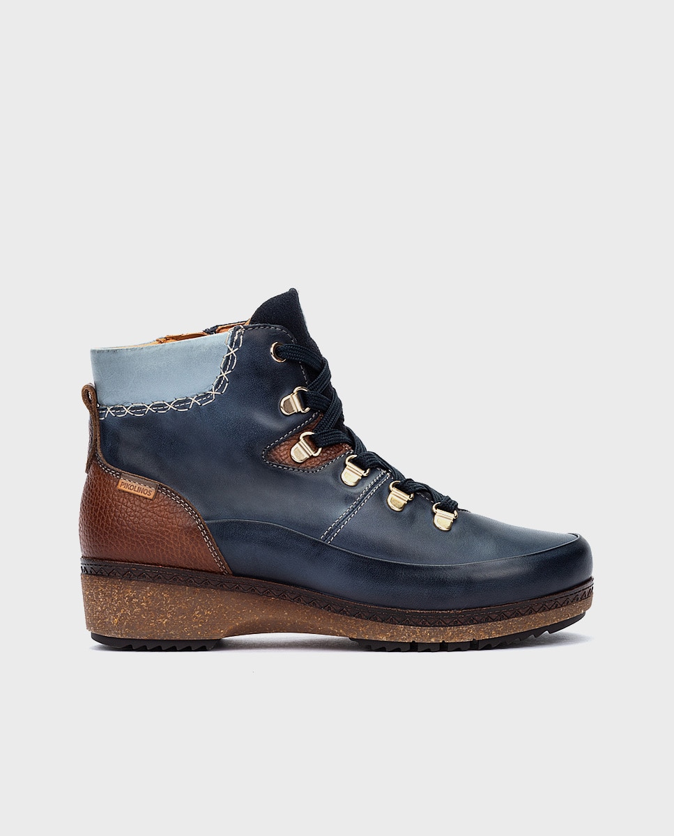 Botines planos de mujer de piel con plantilla memory foam extraíble - Pikolinos - Azul Azul-1