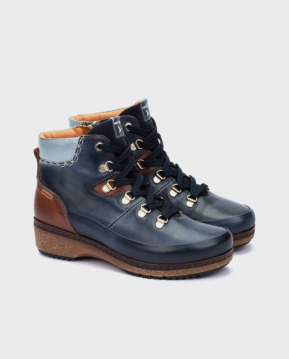 Botines planos de mujer de piel con plantilla memory foam extraíble - Pikolinos - Azul Azul-3