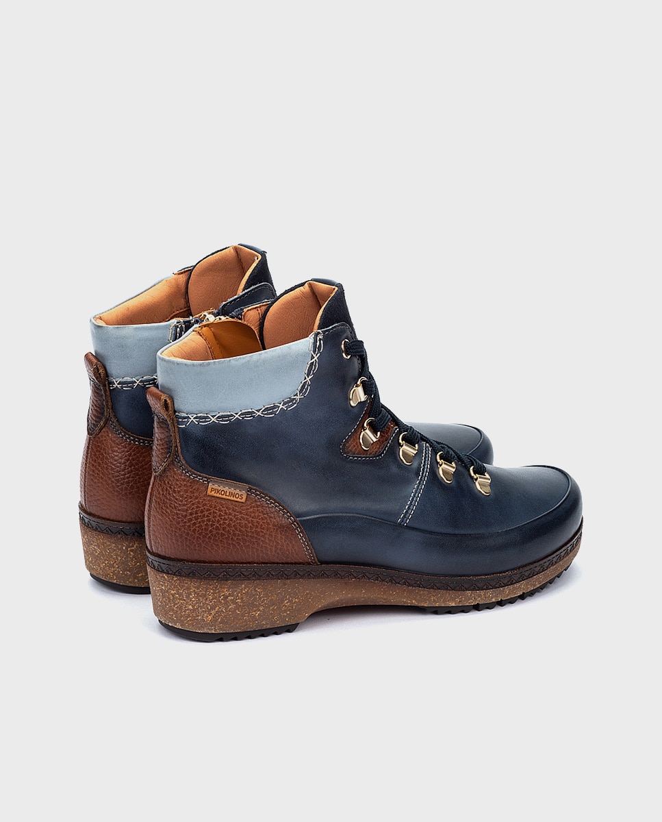 Botines planos de mujer de piel con plantilla memory foam extraíble - Pikolinos - Azul Azul-2