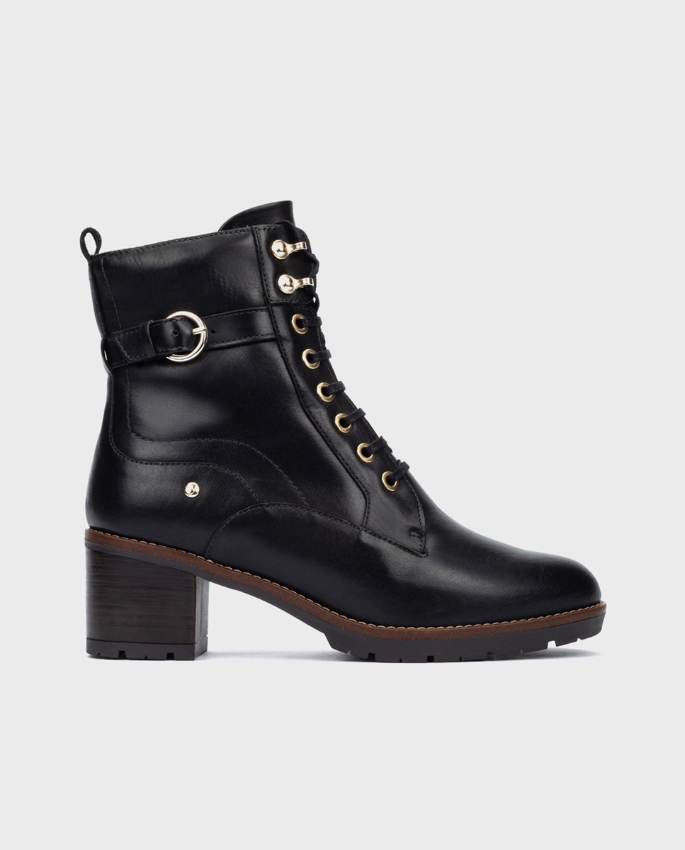 Botines de tacón de mujer de piel con cordones y cremallera en color - Pikolinos - Negro Negro-1