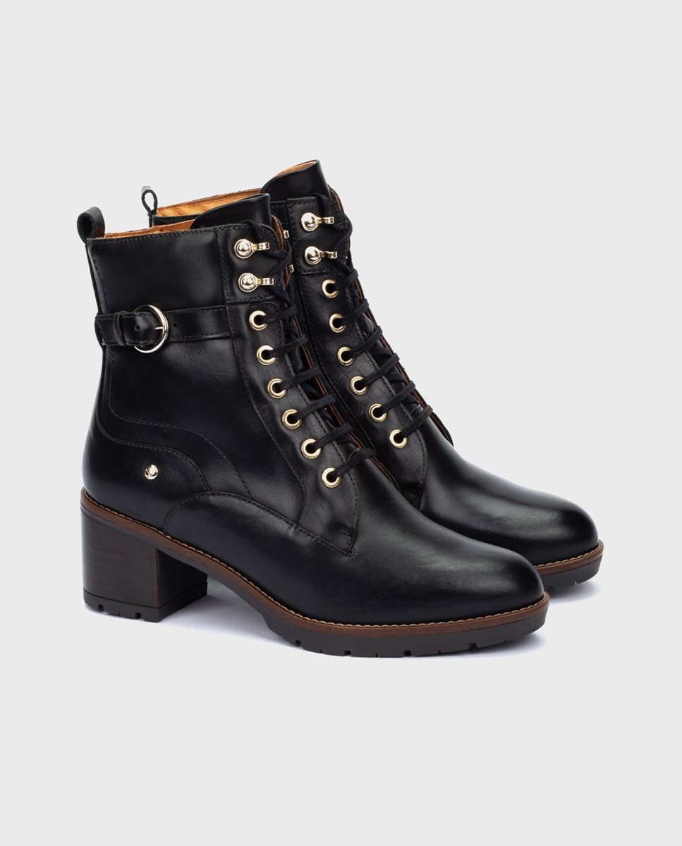 Botines de tacón de mujer de piel con cordones y cremallera en color - Pikolinos - Negro Negro-3