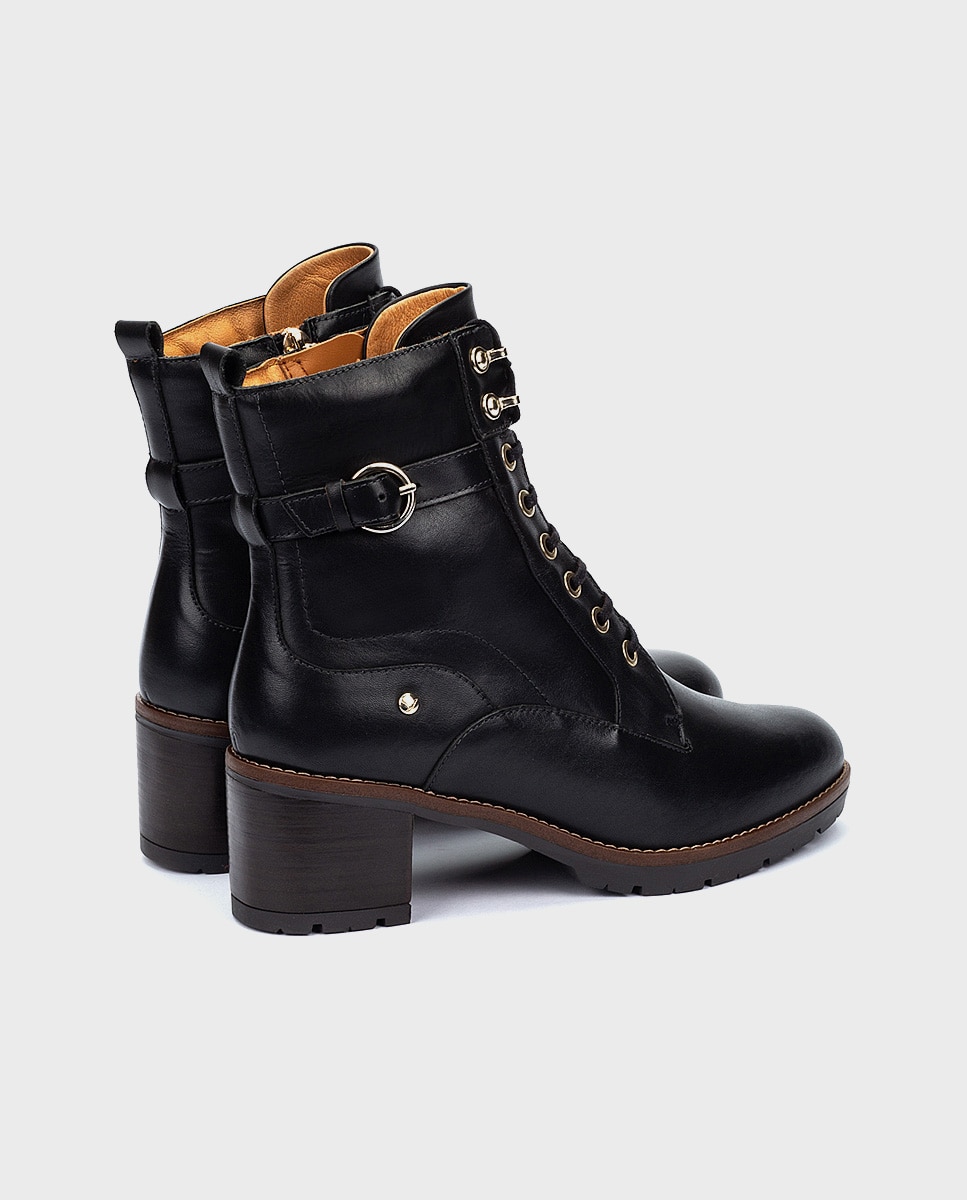 Botines de tacón de mujer de piel con cordones y cremallera en color - Pikolinos - Negro Negro-2