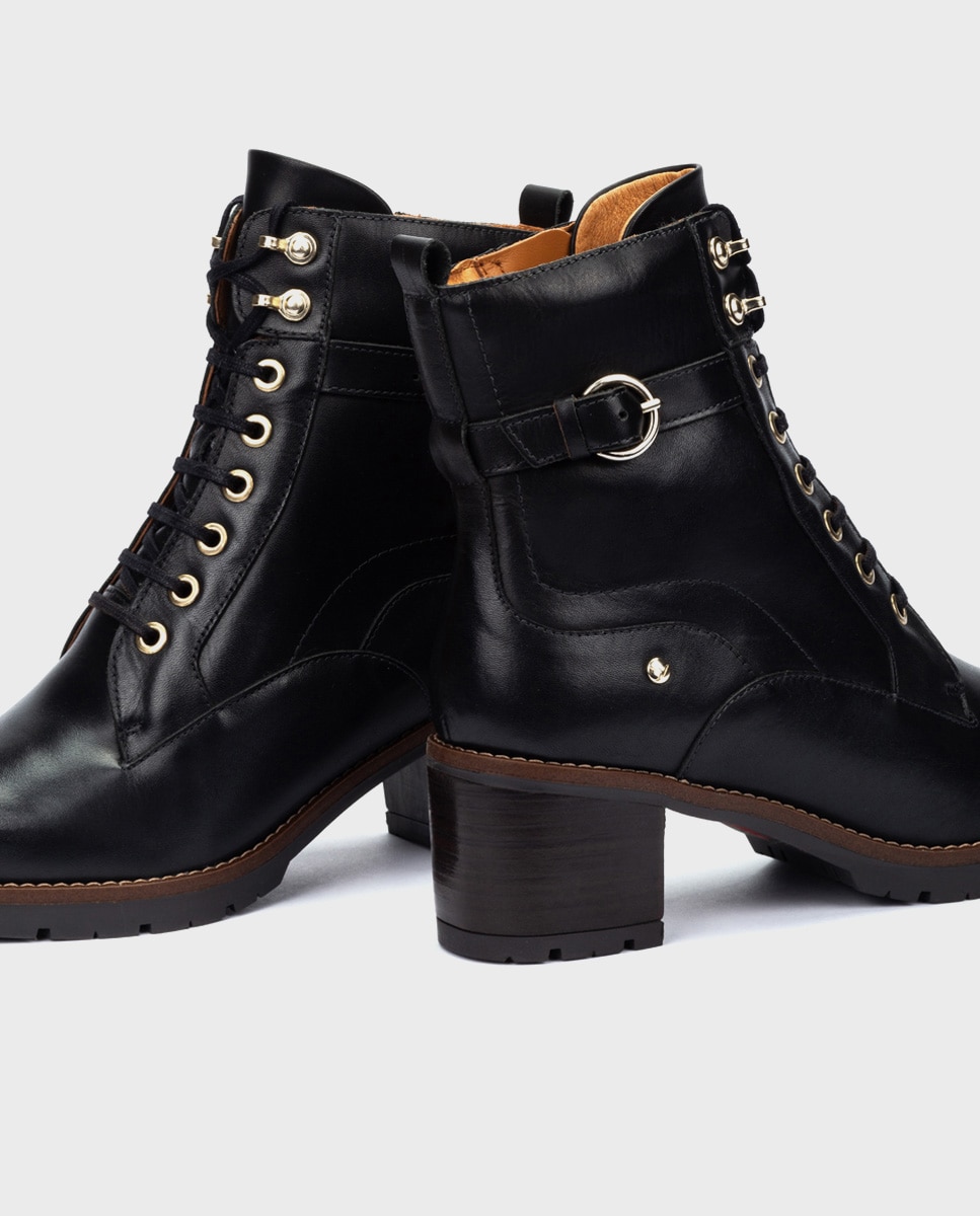 Botines de tacón de mujer de piel con cordones y cremallera en color - Pikolinos - Negro Negro-4