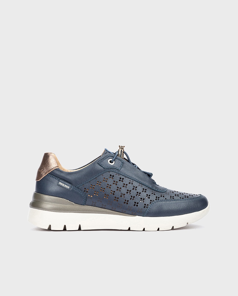 Pikolinos - Zapatillas de mujer de piel con plantilla Memory Foam y suela extraligera en color azul.