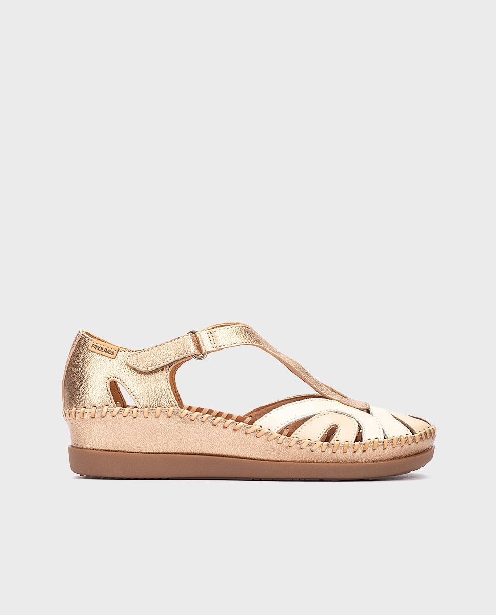 Pikolinos - Sandalias de cuña de mujer de piel con cierre adherente en color oro.