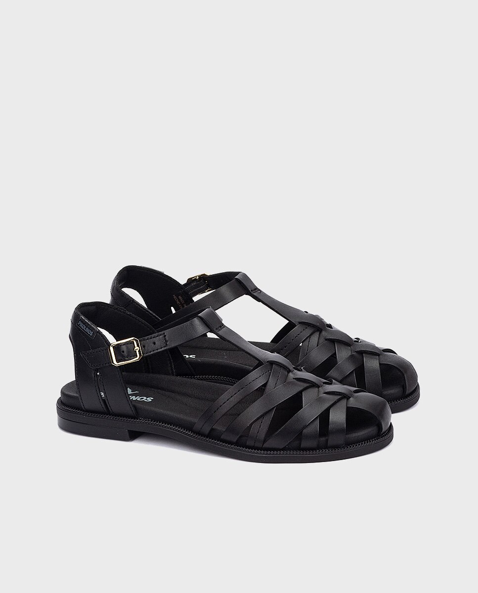 Sandalias planas de mujer de piel con hebilla - Pikolinos - Negro Negro-3