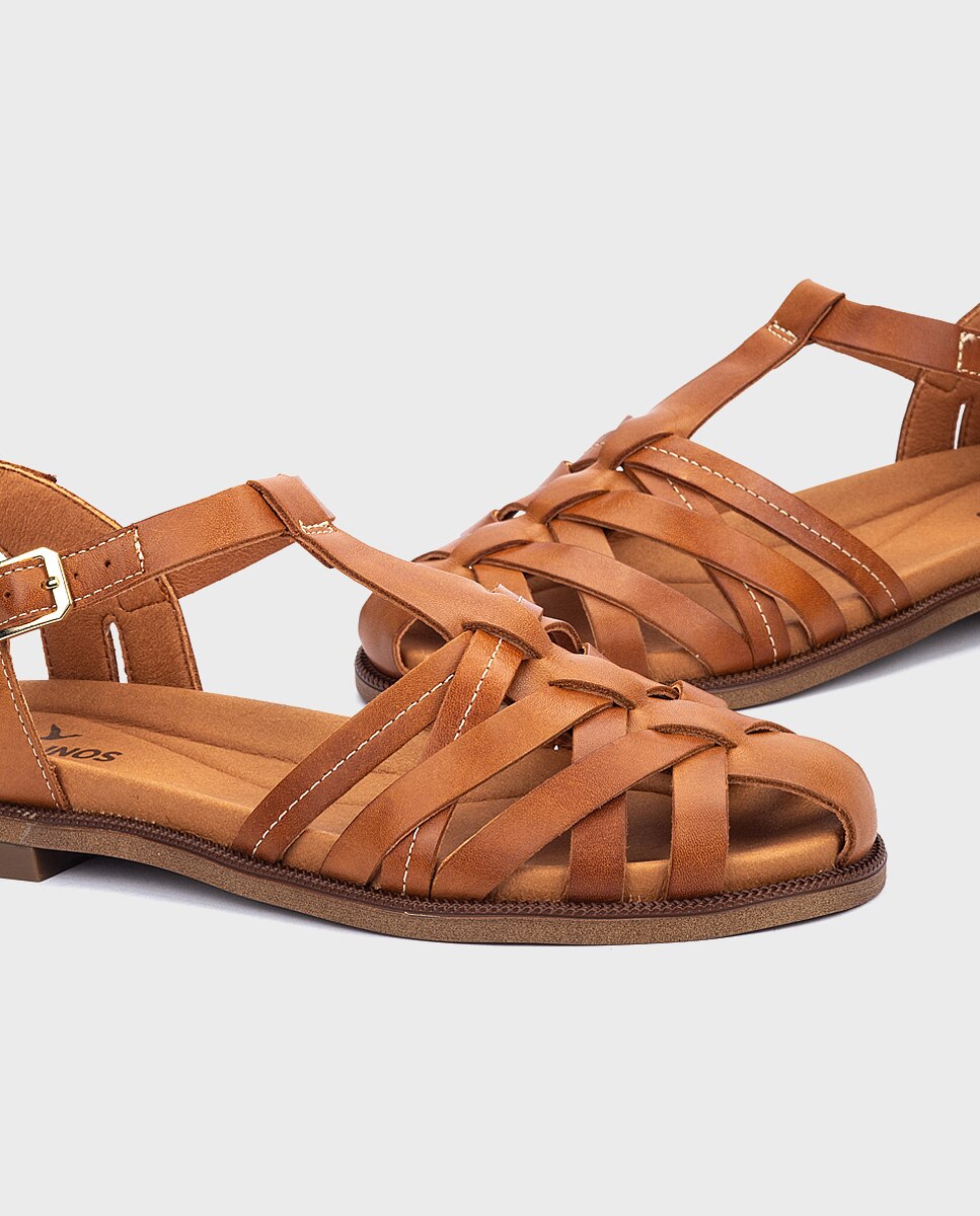 Sandalias planas de mujer de piel con hebilla - Pikolinos - Marrón Marrón-4