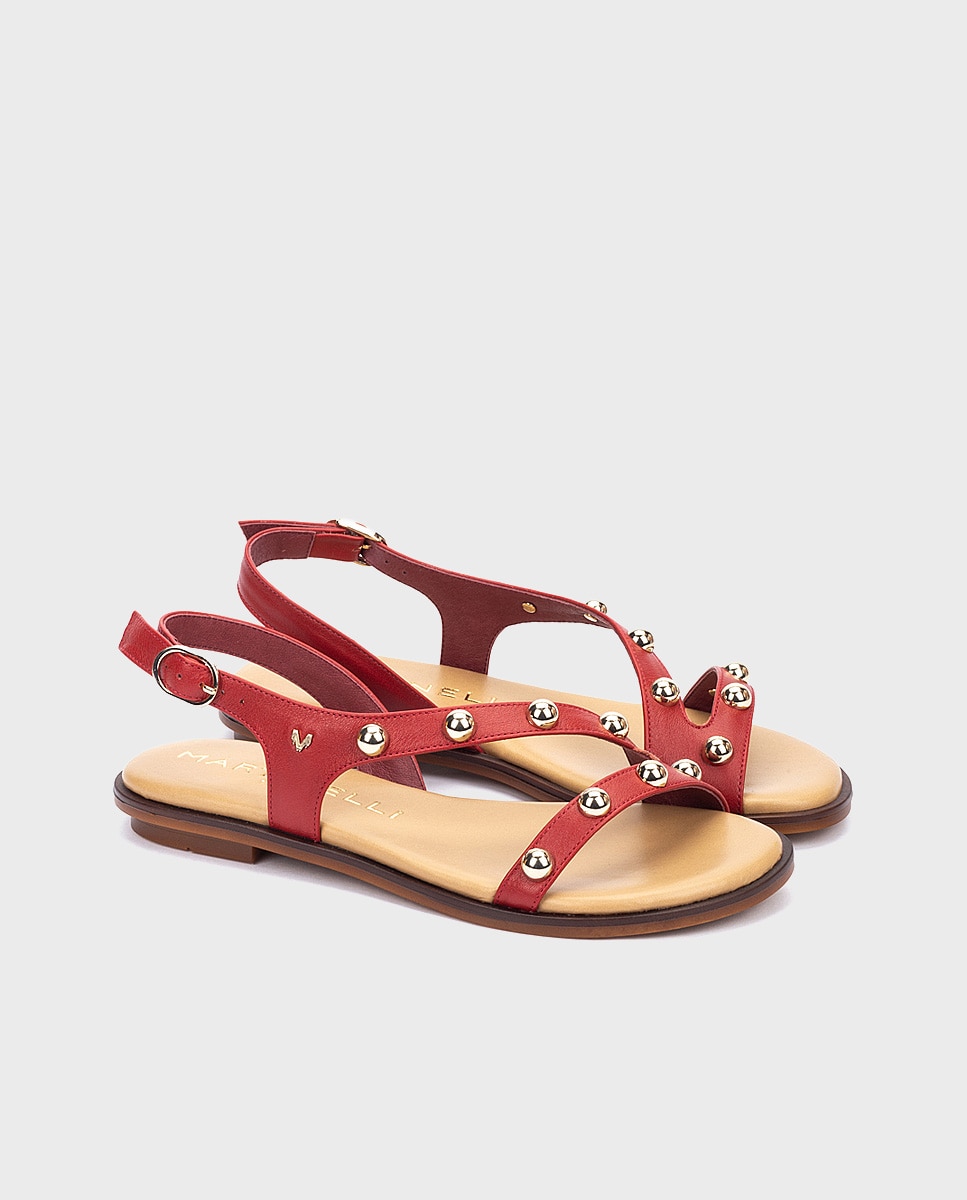 Sandalias planas de mujer de piel con cierre de hebilla - Martinelli - Rojo Rojo-3