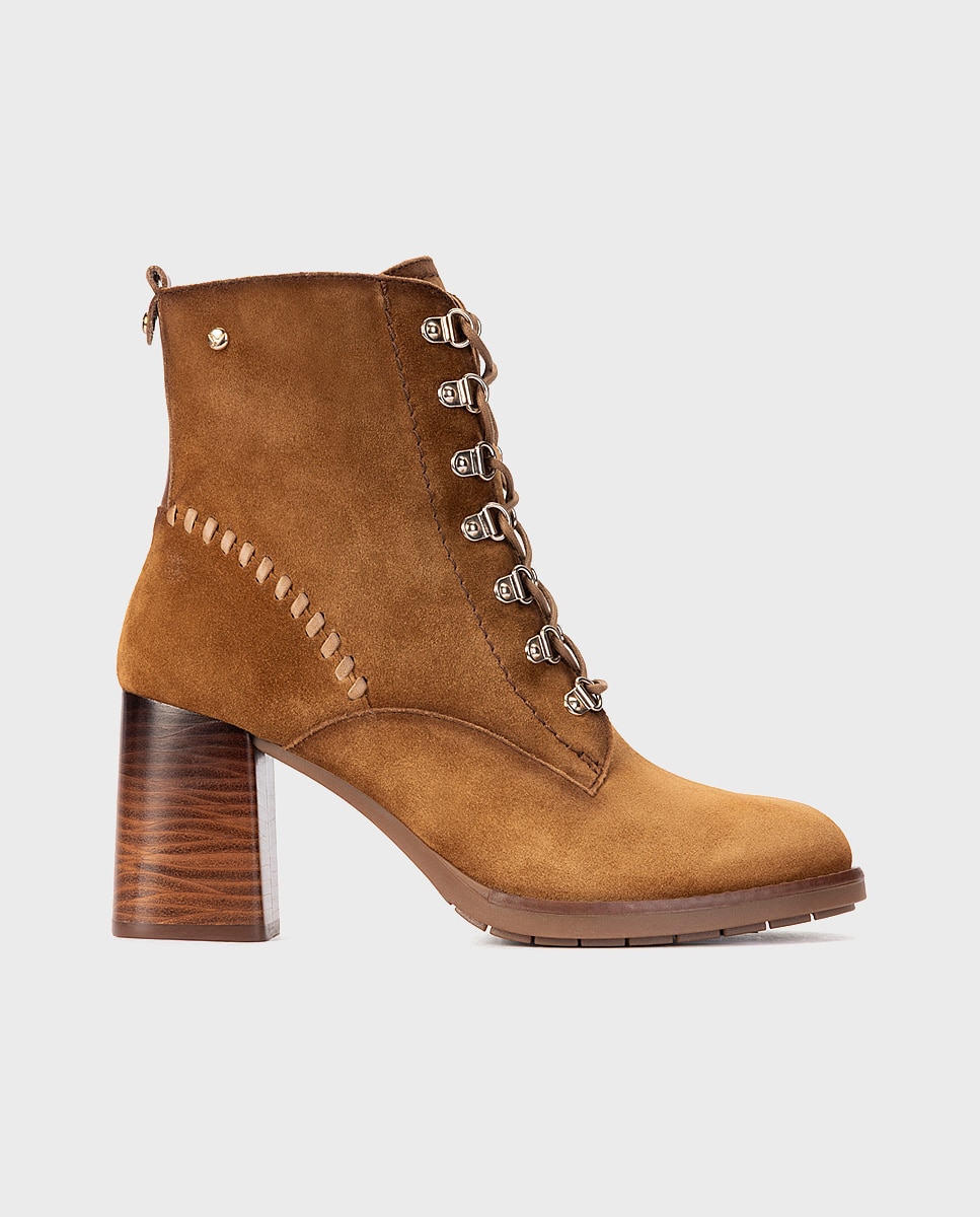 Botines de tacón de mujer de piel con cordones y cremallera - Pikolinos - Marrón Marrón-1
