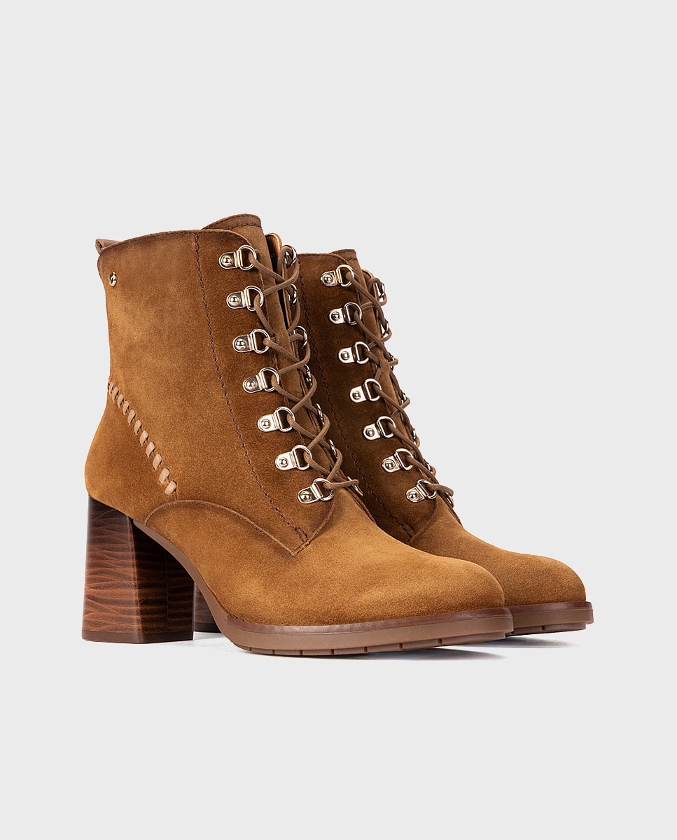 Botines de tacón de mujer de piel con cordones y cremallera - Pikolinos - Marrón Marrón-3