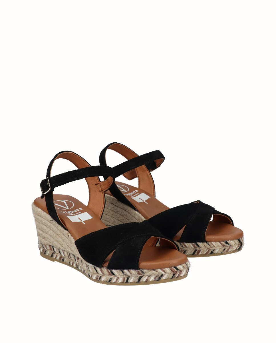 Sandalias de cuña de mujer de piel cruzadas - Viguera - Negro Negro-3