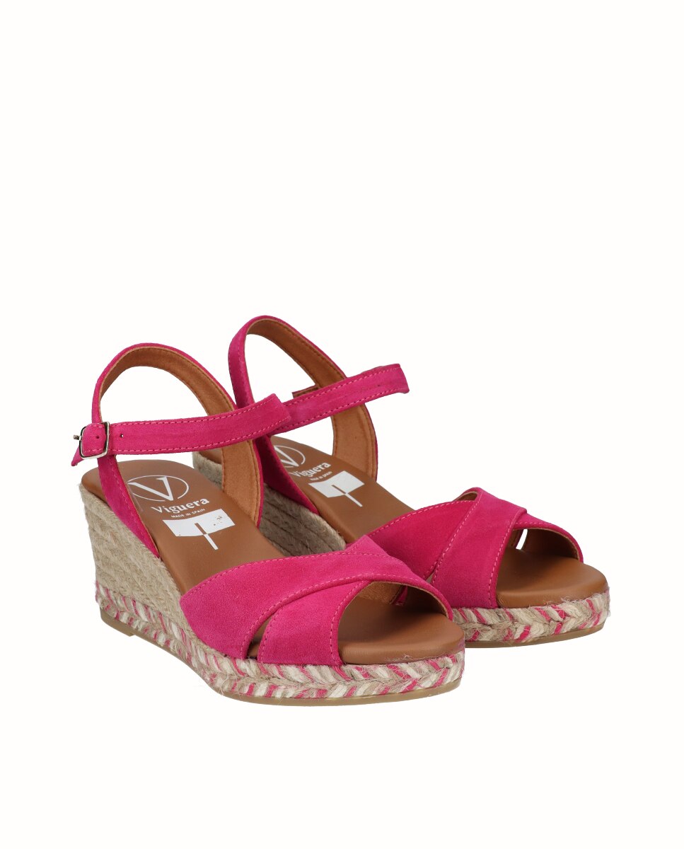 Sandalias de cuña de mujer de piel cruzadas - Viguera - Fucsia Fucsia-3
