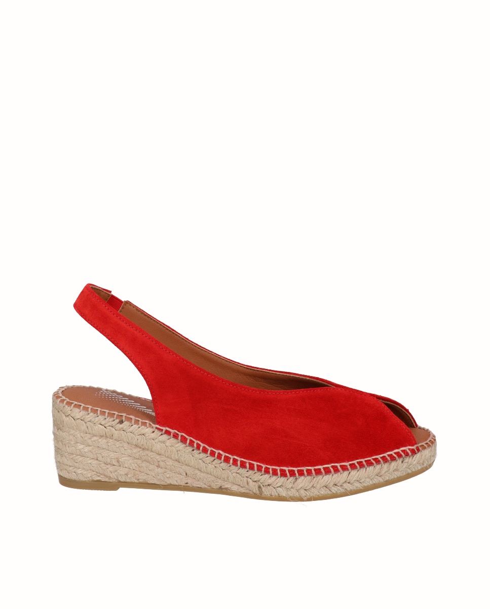 Sandalias de cuña Yuteflex de mujer de piel con escote pico - Viguera - Rojo Rojo-1