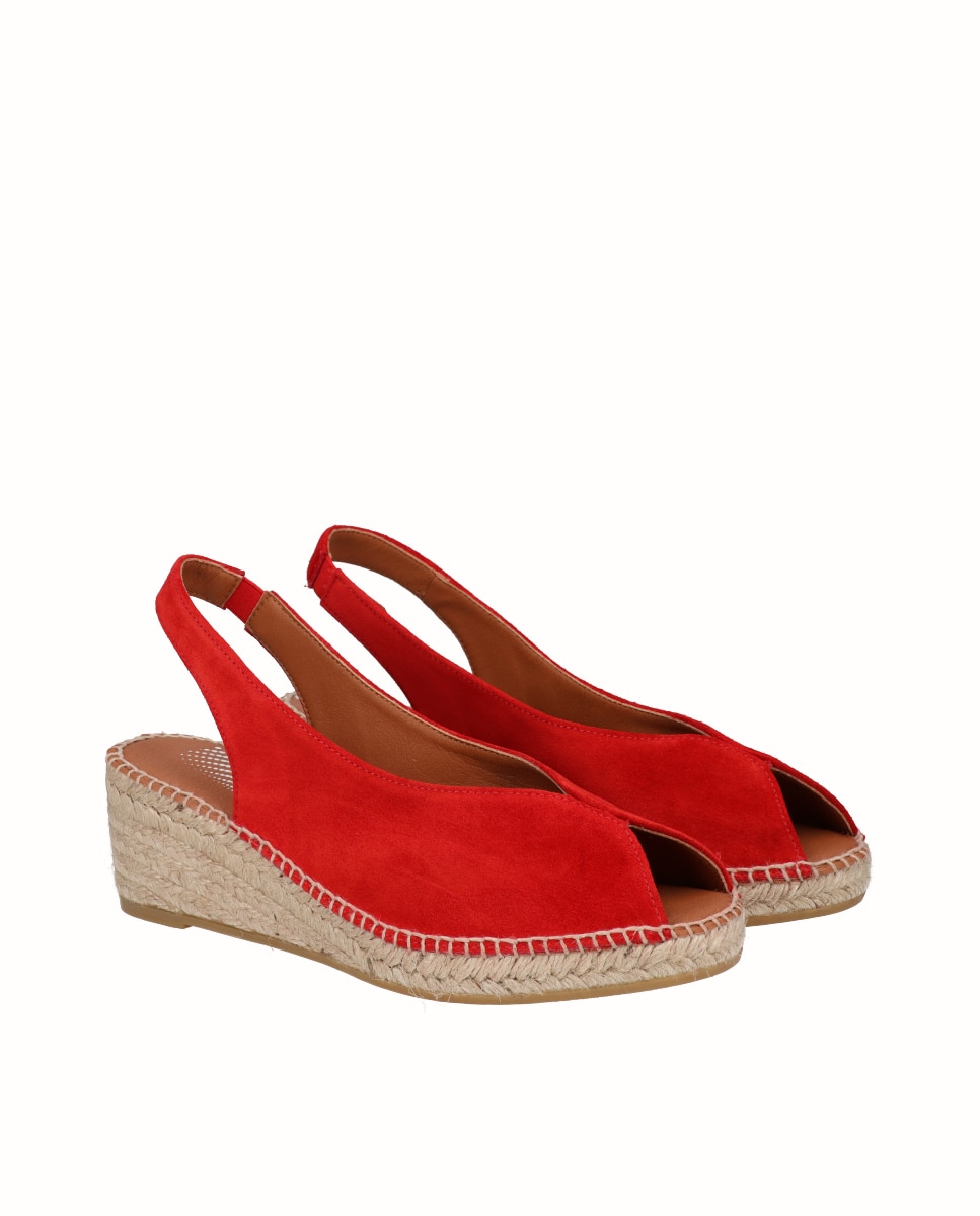 Sandalias de cuña Yuteflex de mujer de piel con escote pico - Viguera - Rojo Rojo-3