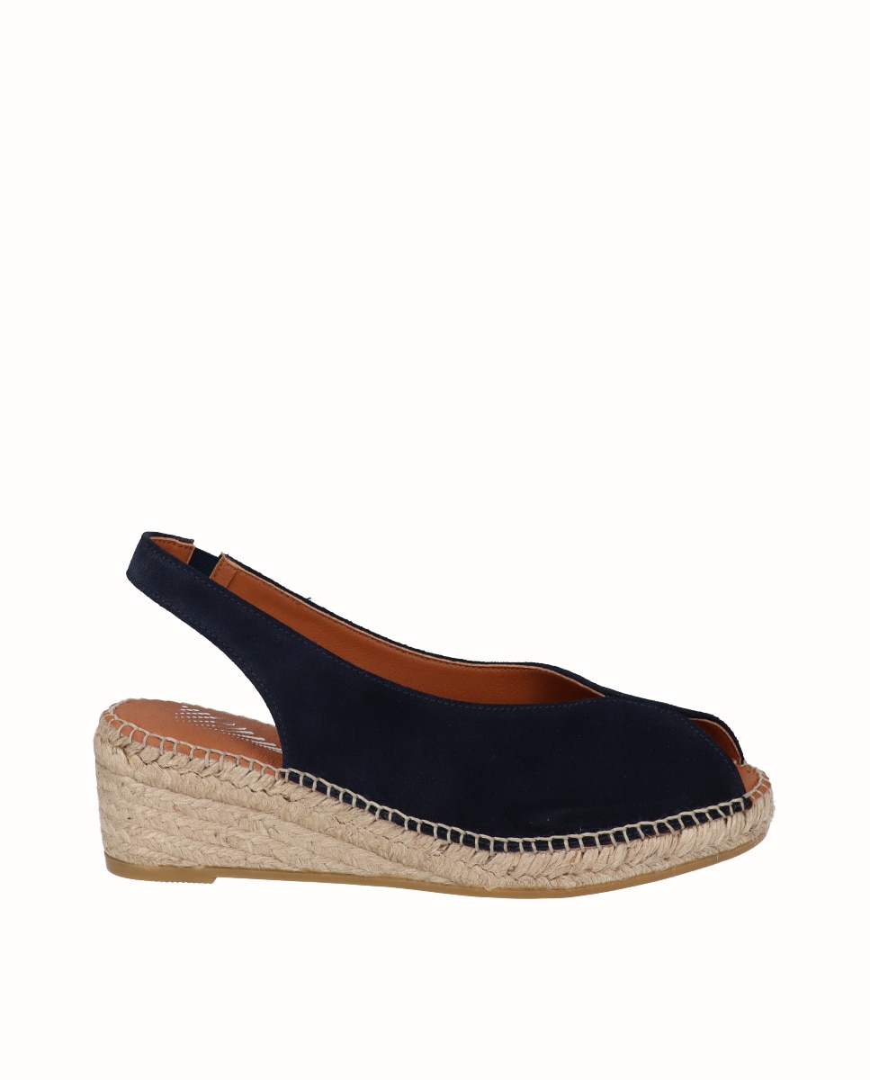 Sandalias de cuña Yuteflex de mujer de piel con escote pico - Viguera - Azul marino Azul marino-1