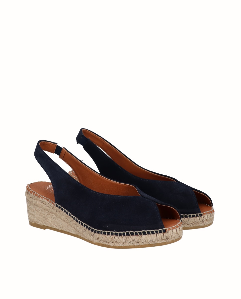 Sandalias de cuña Yuteflex de mujer de piel con escote pico - Viguera - Azul marino Azul marino-3