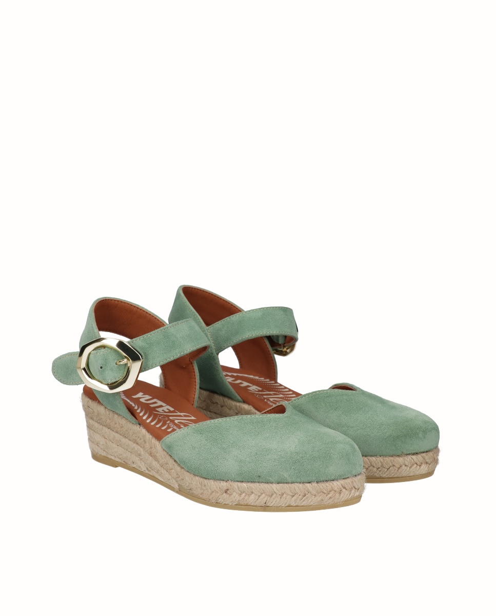 Alpargatas de cuña baja Yuteflex de mujer de piel con hebilla - Viguera - Verde menta Verde menta-3