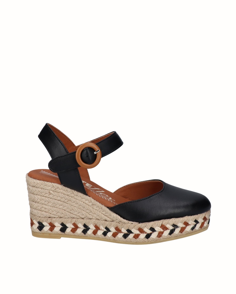 Alpargatas de cuña Yuteflex de mujer de piel con hebilla - Viguera - Negro Negro-1
