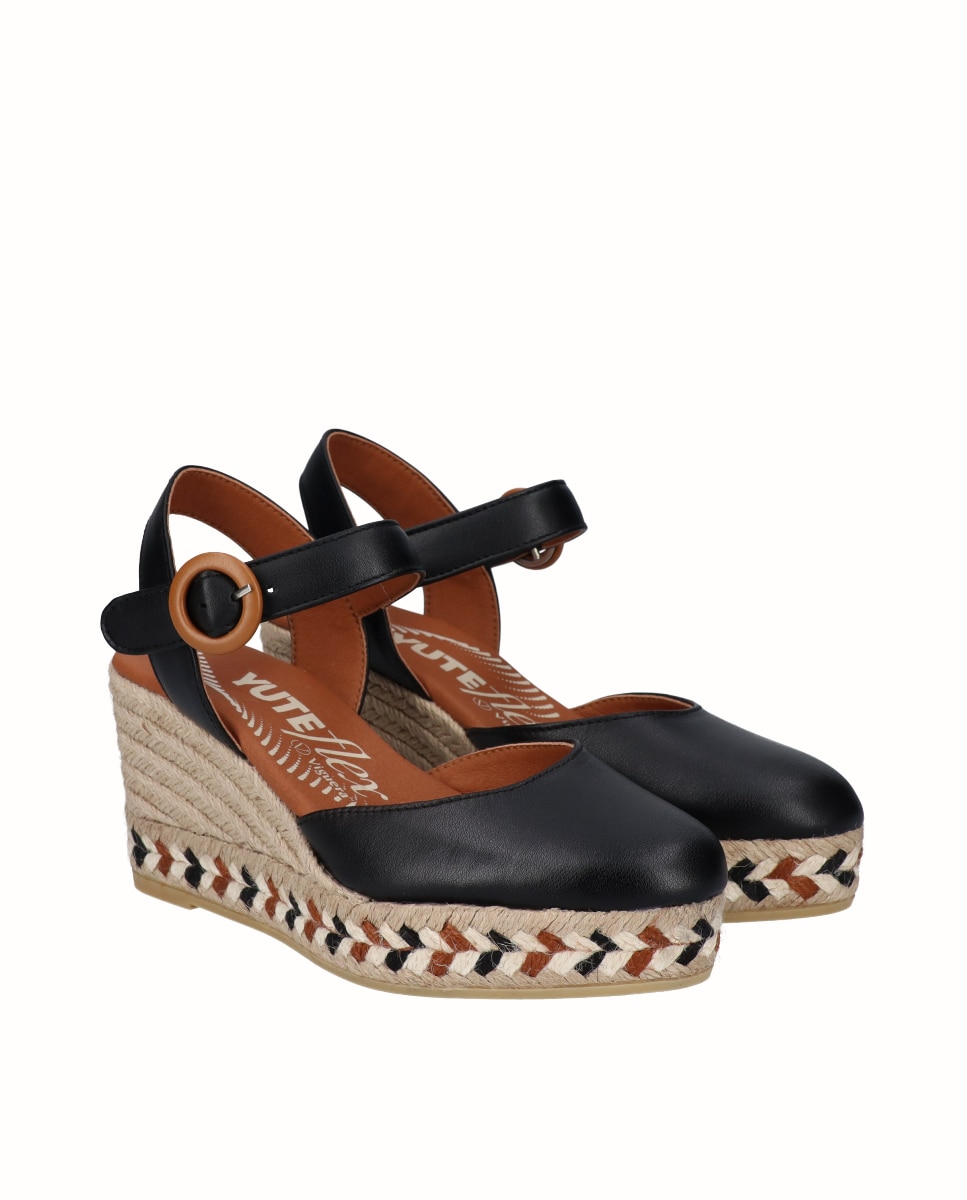 Alpargatas de cuña Yuteflex de mujer de piel con hebilla - Viguera - Negro Negro-3