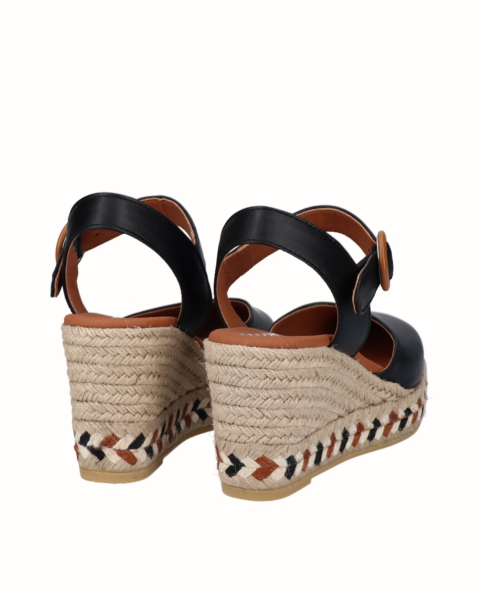 Alpargatas de cuña Yuteflex de mujer de piel con hebilla - Viguera - Negro Negro-2