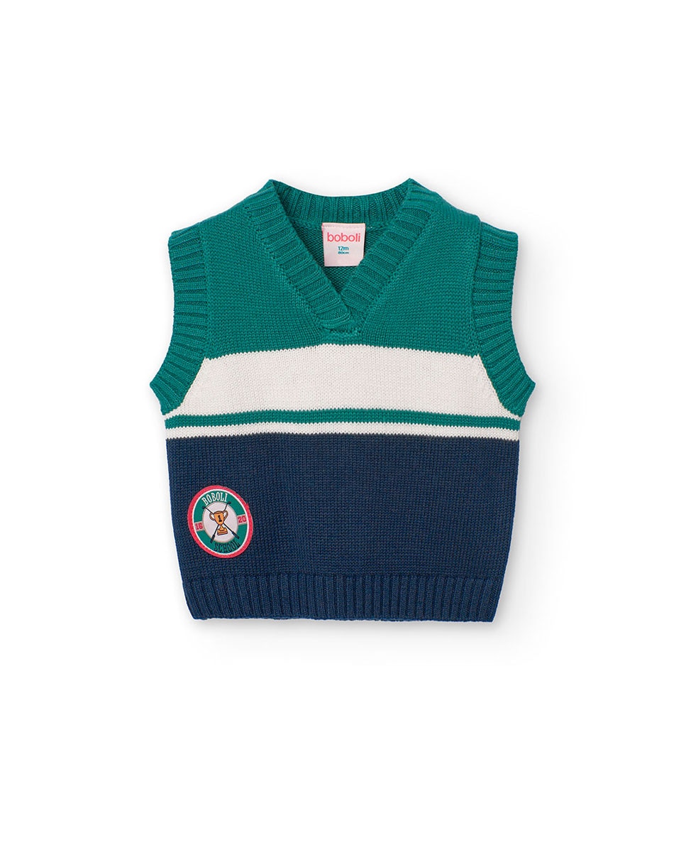 Chaleco de niño de punto tricolor con cuello en V