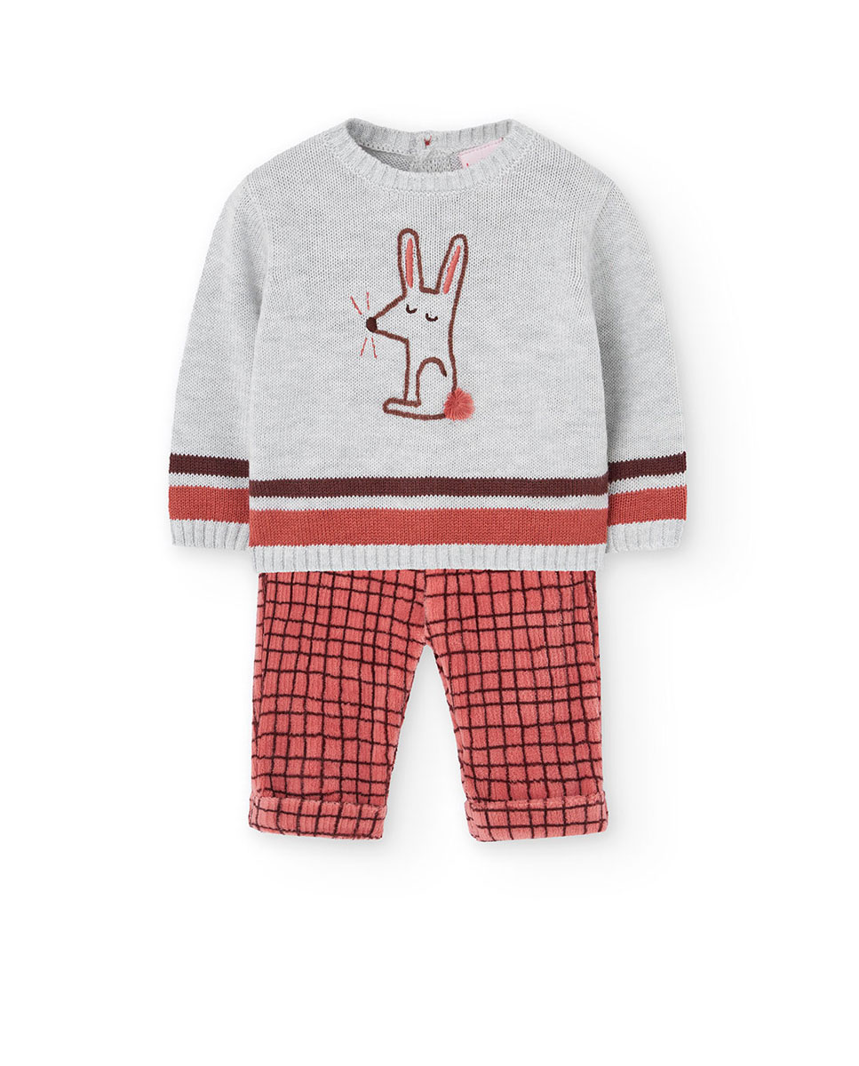 Conjunto de bebé de jersey y pantalón  con estampado de cuadros y cuello redondo