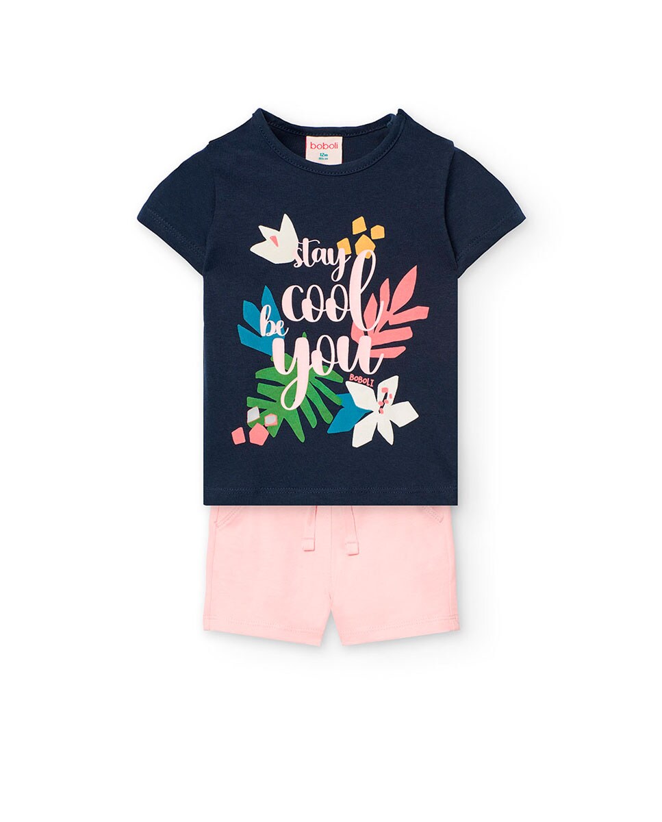 Conjunto de bebé niña de camiseta con dibujo frontal y short liso