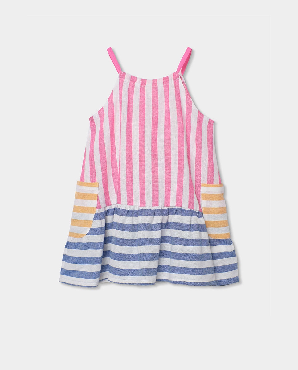 Vestido lino listado de niña - Boboli - Rosa Rosa-3