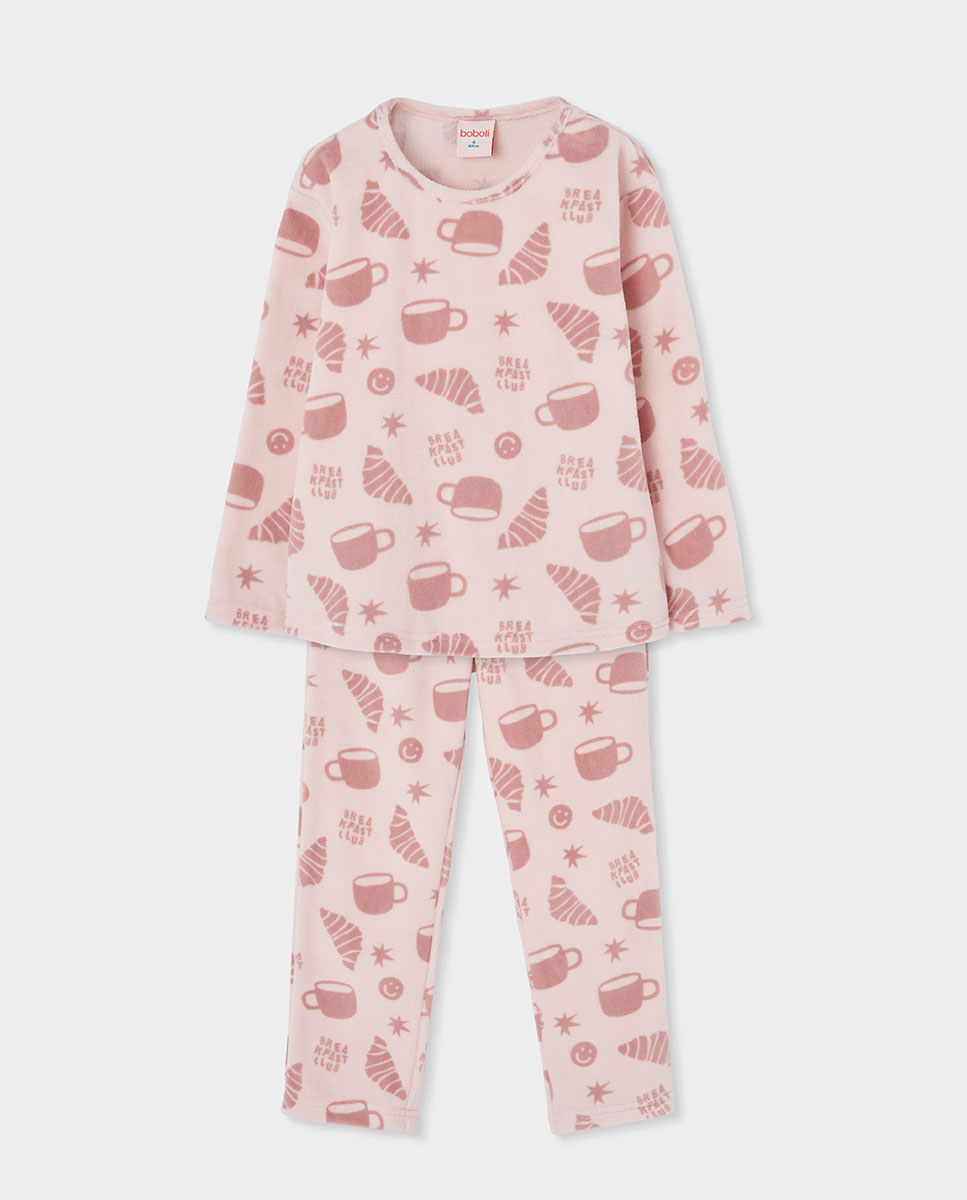 Pijama de terciopelo de niña de manga larga con cuello redondo - Boboli - Rosa Rosa-2