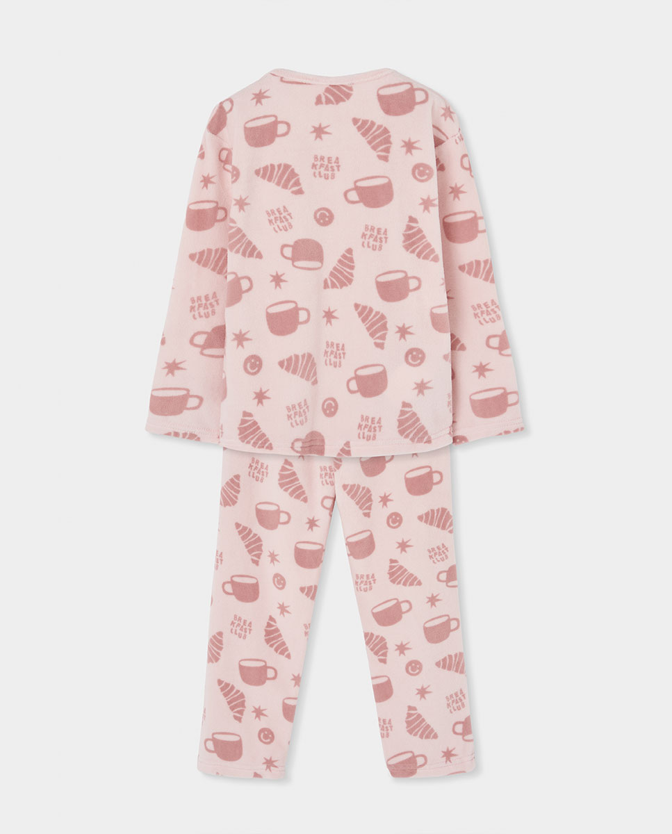 Pijama de terciopelo de niña de manga larga con cuello redondo - Boboli - Rosa Rosa-4