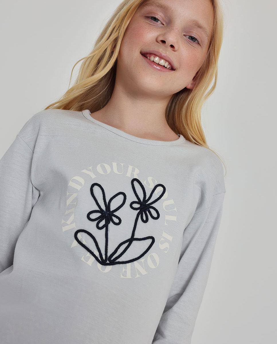 Camiseta de manga larga de niña de algodón con cuello redondo - Boboli - Gris / Negro Gris / Negro-1