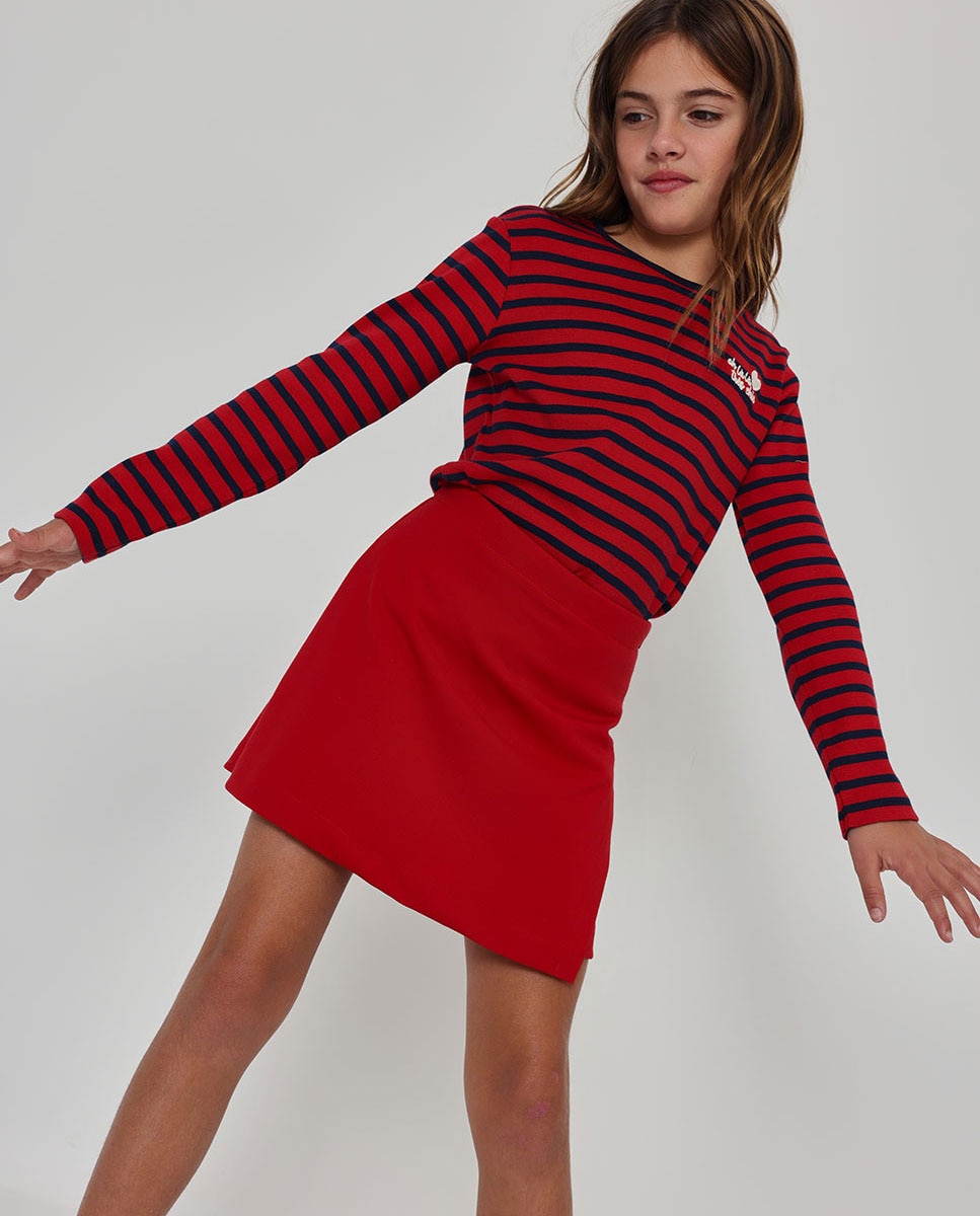 Imagen 0 de Camiseta de manga larga de niña con estampado de rayas y cuello redondo Rojo