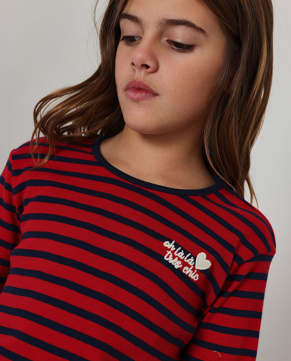Imagen 2 de Camiseta de manga larga de niña con estampado de rayas y cuello redondo - Boboli - Rojo Rojo